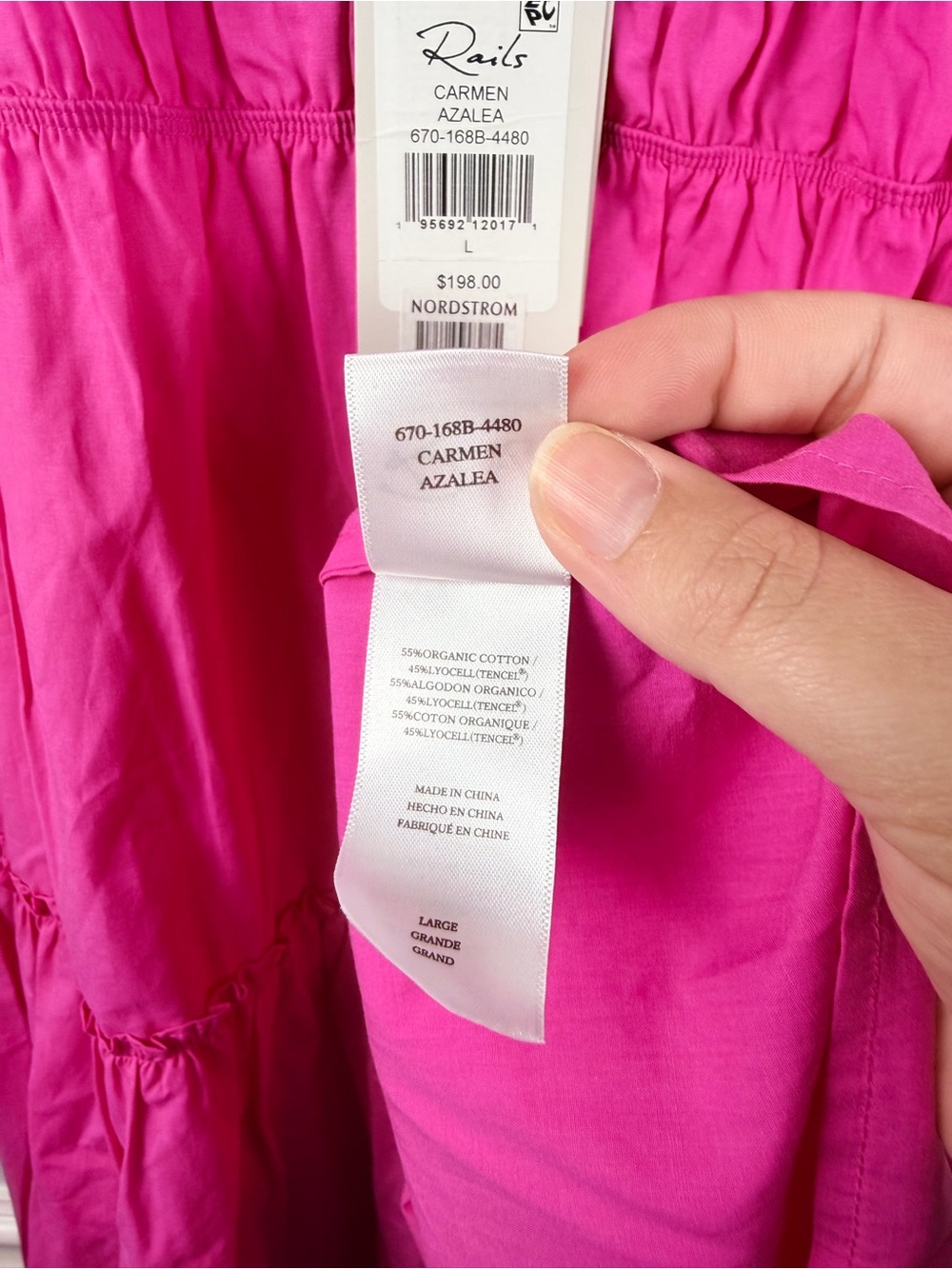 Rails Carmen Dress Azalea Pink Smocked Tiered Mini Sundress Organic Cotton NWT L - Picture 5 of 7